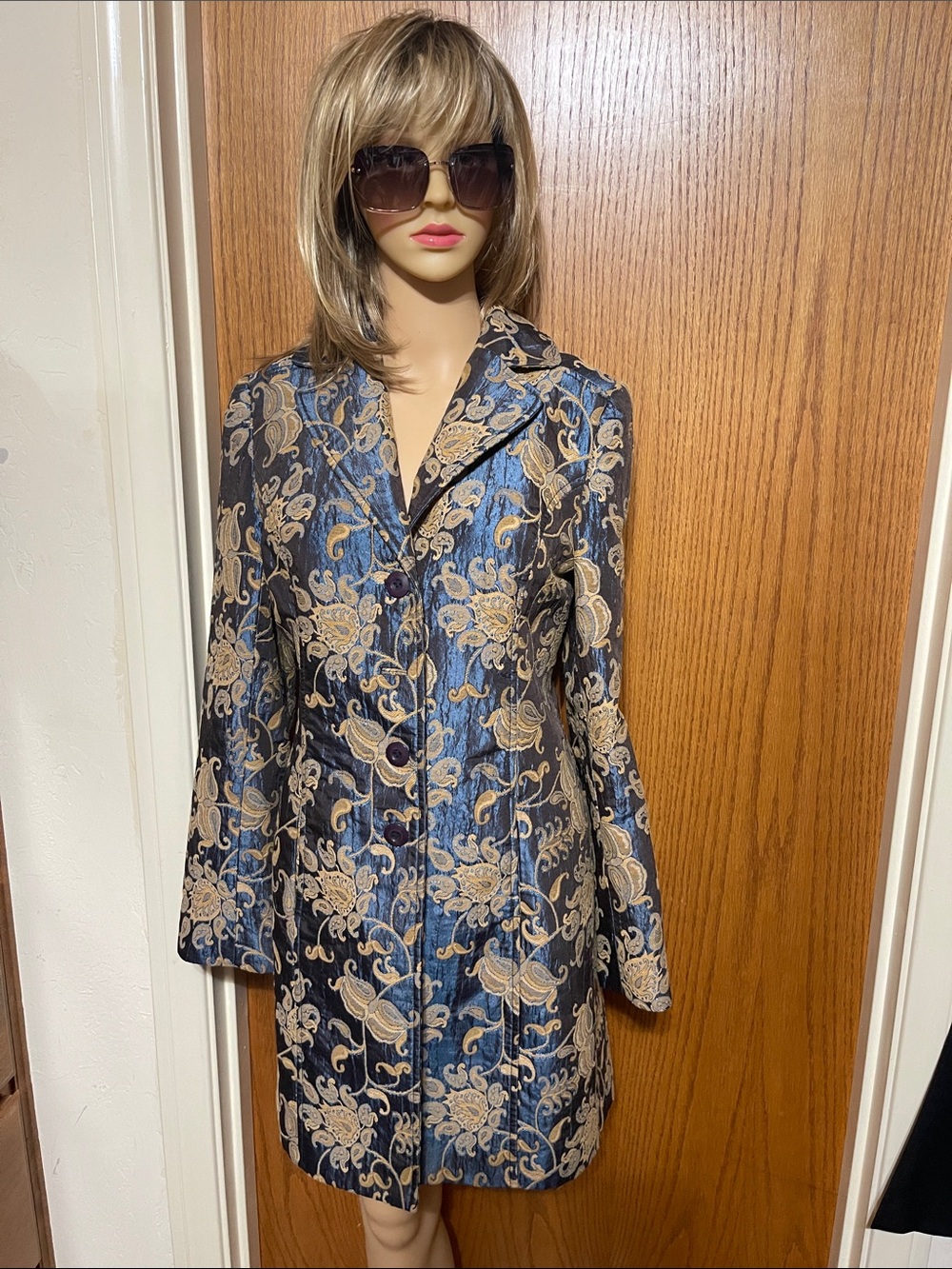 Janesville Elegant Navy and Gold Brocade Long Coat size 4/6